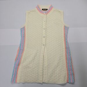 Vintage Rubia Cream Pointelle Knit Sleeveless Long Cardigan Vest Pastel Trim